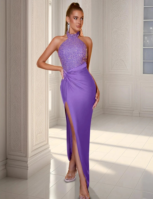 Backless Sequins Violet Maxi Dress