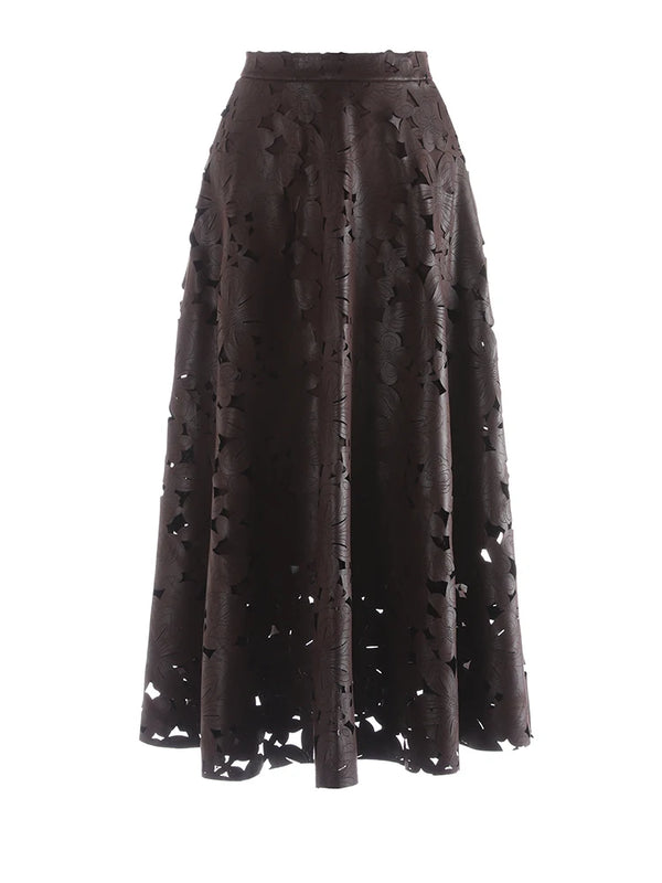 Pu Leather Hollow Out A-line Midi Skirt