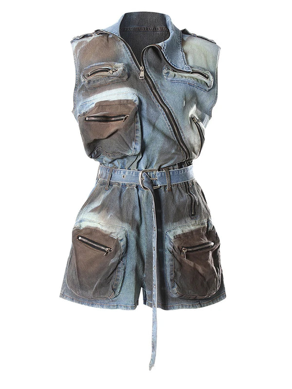Denim Playsuit With Belt In Blue