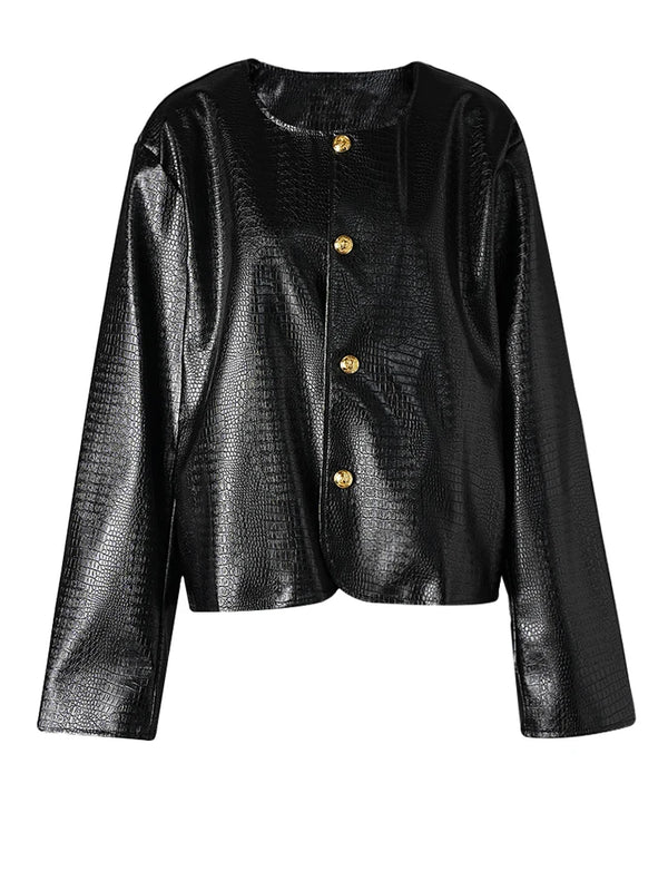 O-neck Long Sleeve PU Leather Jacket In Black