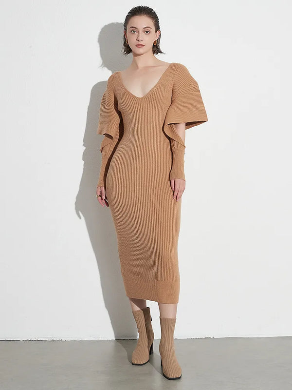 V Neck Long Sleeve Hollow Out Knitting Dress