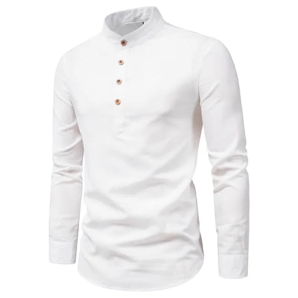 Long Sleeve Stand Collar Linen Blend Slim Shirt