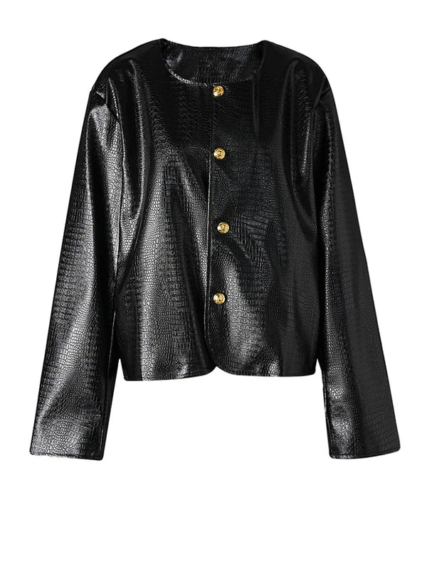 PU Leather Oversized Collarless Jacket in Black