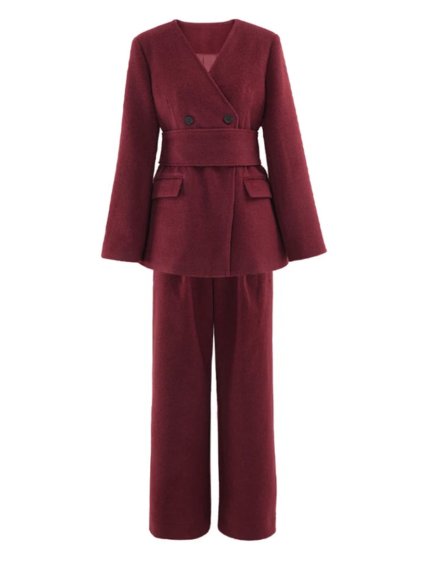 V-Neck Long Sleeve Blazer Wide Leg Pants Two Piece Suit In Red