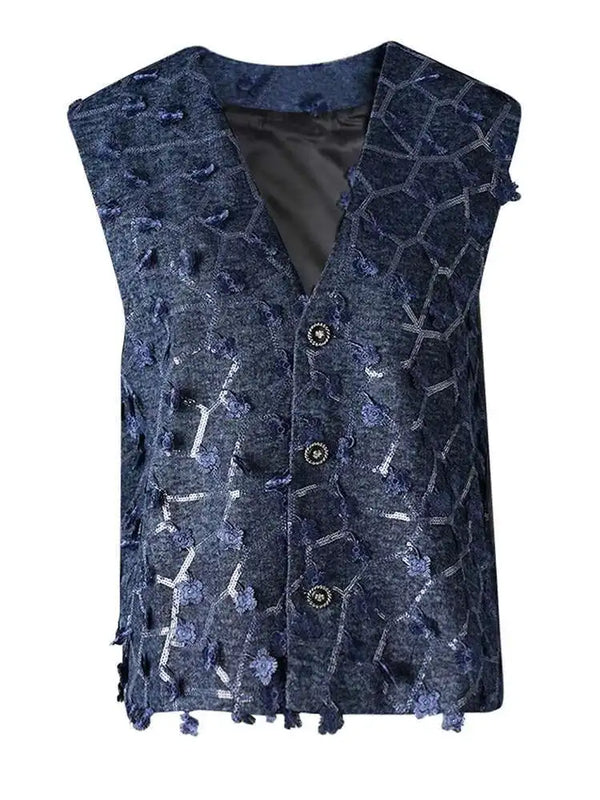V-collar Sleeveless Sequin Denim Vest In Navy Blue