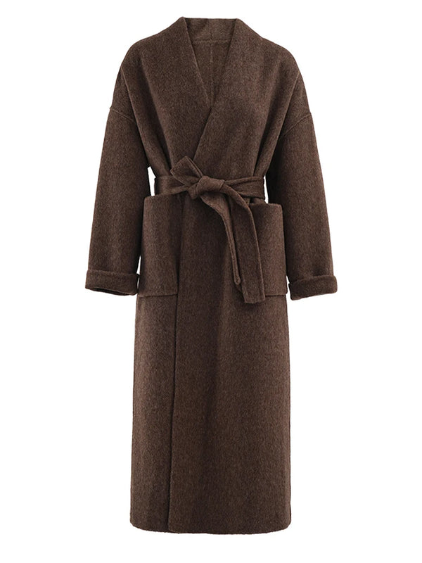 V-neck Long Sleeve Belted Thick Woolen Coat In Brown