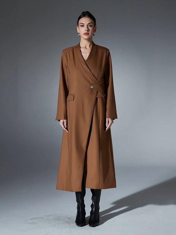 Loose V Neck Long Sleeve Spliced Button Temperament Trench Coat