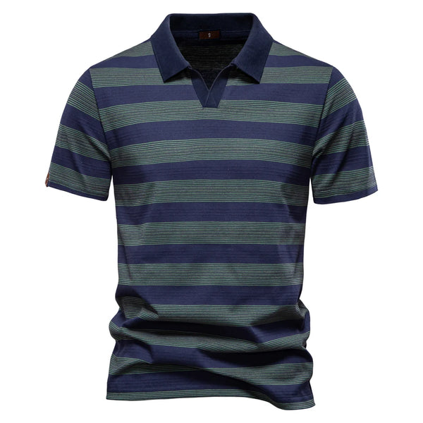 Knit V-Neck Short Sleeve Striped Polo Shirt