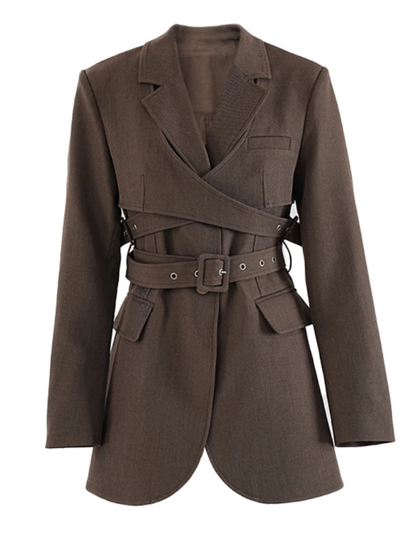 Long Sleeve Cross Belted Blazer In Brown