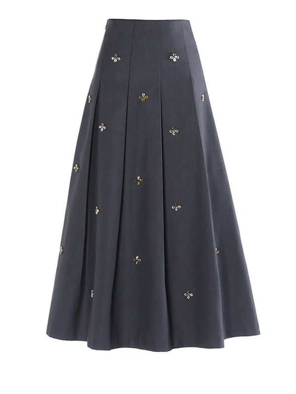 Rhinestones Pleated A-line Midi Skirt