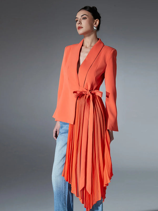 Ruffles Notched Collar Long Sleeve Spliced Lace Up Blazer In Orange