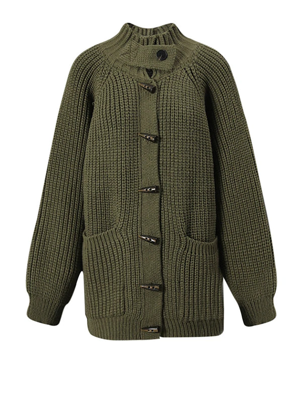 Oversized Funnel Neck Button Up Knit Cardigan in Green