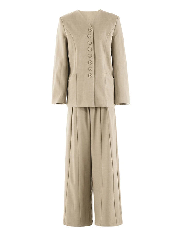 Oversized Collarless Blazer and Pleated Wide Leg Pants Set
