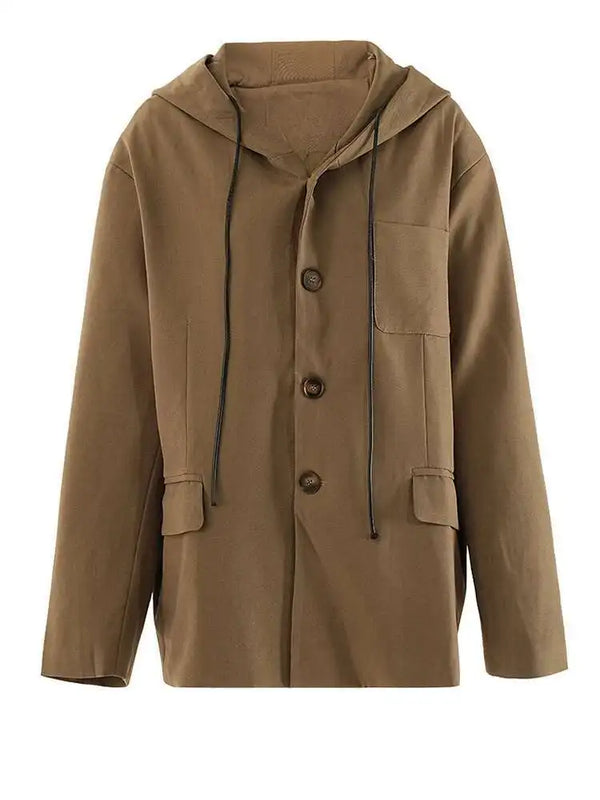 Drawstring Oversized Long Sleeve Jacket In Khaki
