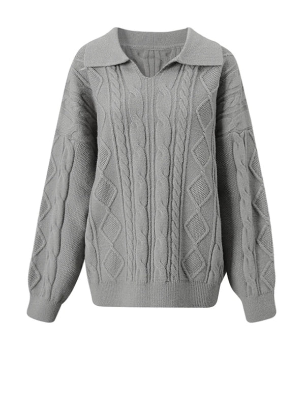 Oversized Rugby Collar Cable Knit Sweater