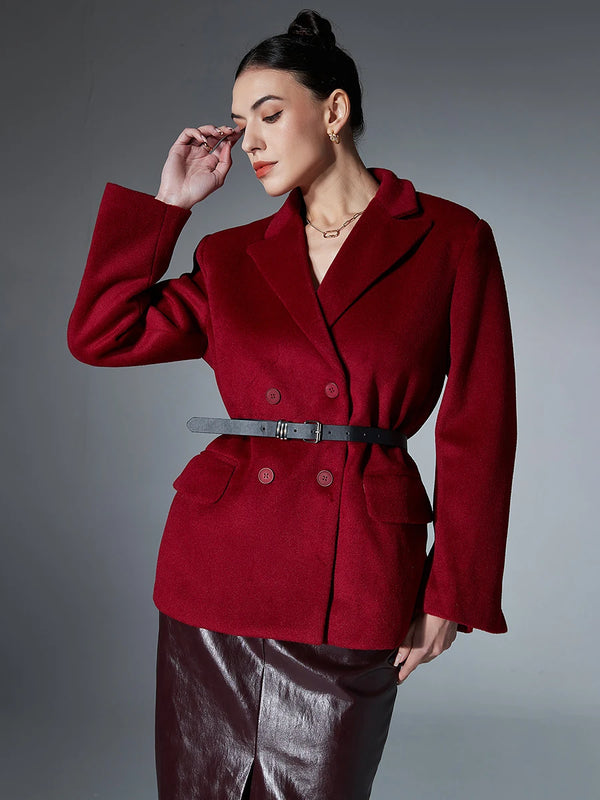 Notched Collar Long Sleeve Double Breasted Blazer In Wine