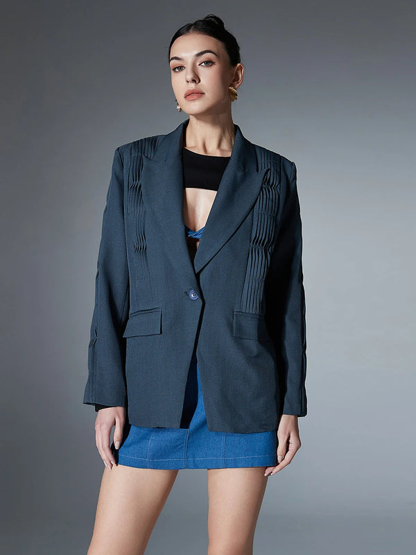 Notched Collar Long Sleeve Single Breasted Blazer In Gray