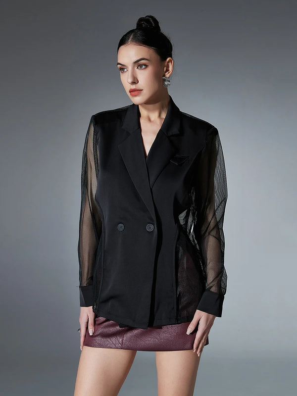 Mesh Notched Collar Long Sleeve Blazer In Black