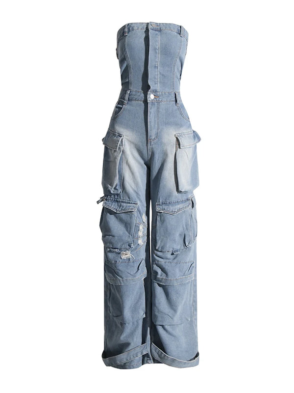 Denim Strapless Wide Leg Jumpsuit with Patch Pockets