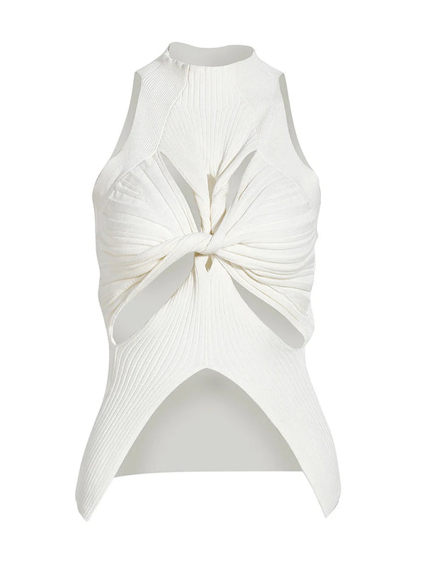 Ribbed Knit Cut Out Detail Tank Top in White