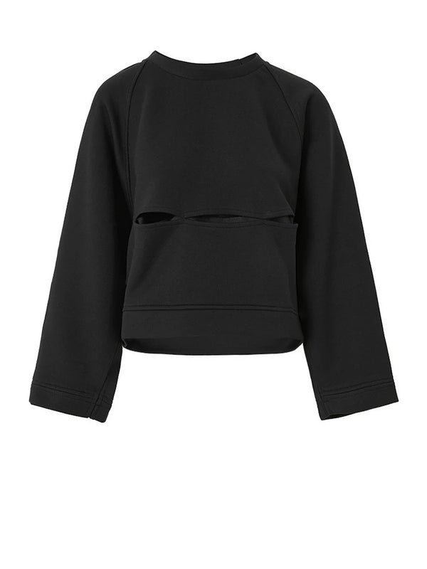 Oversized Hollow Out Crew Neck Sweatshirt in Black