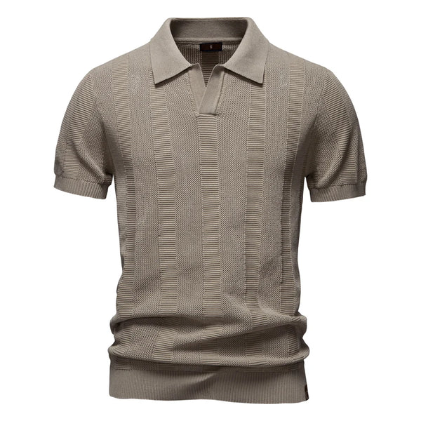 Knit Turn-Down Collar Striped Mesh Polo Shirt