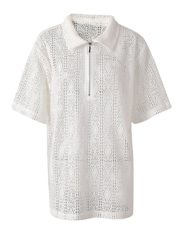 Short-Sleeve Knitting Hollow Out Oversized Blouse In White