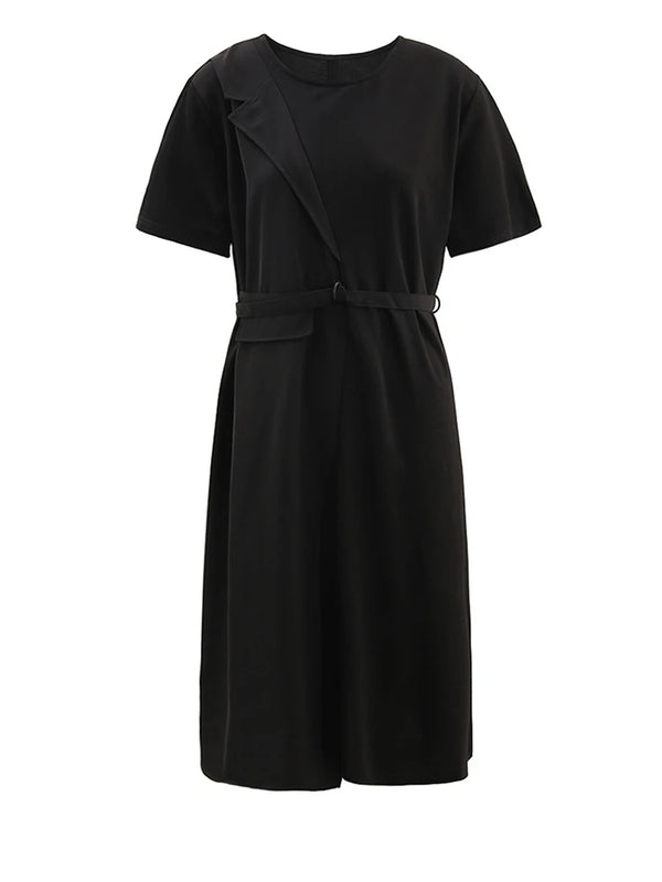 Short Sleeve Belted Oversized Midi Dress in Black