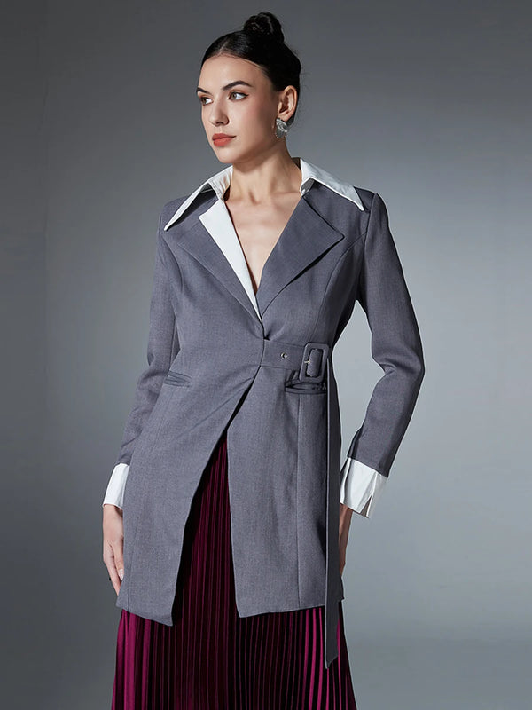 Belt front Notched Collar Long Sleeve Blazer