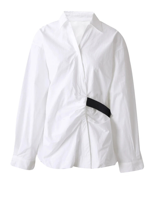 V-neck Long Sleeve Belted Oversized Shirt In White