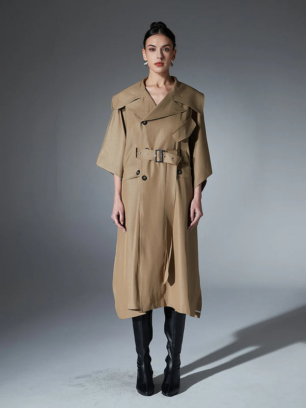 Belted Loose Trench Coat In Khaki