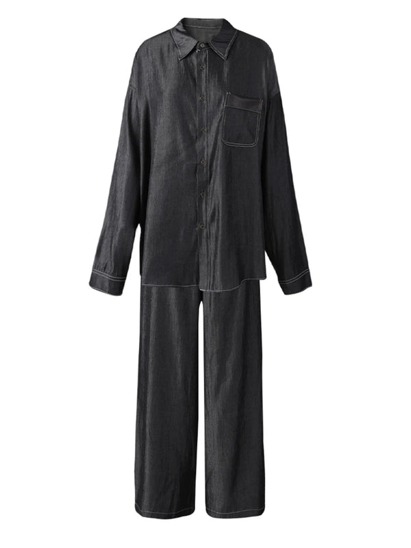 Oversized Long Sleeve Shirt Wide Leg Pants Two Piece Suit In Dark Gray