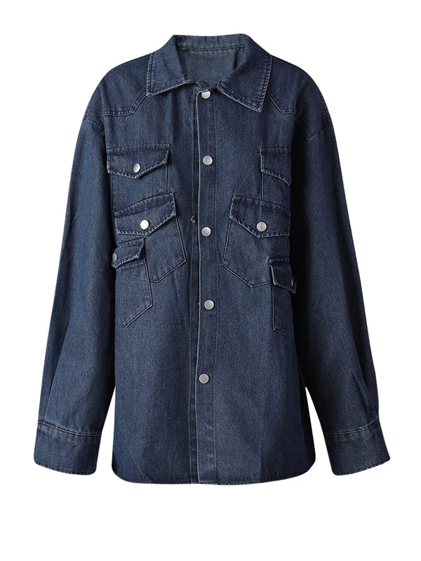 Long Sleeve Pockets Oversized Denim Jacket In Blue