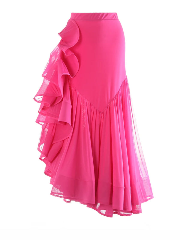 Dropped Waist Asymmetric Mesh Ruffle Midi Skirt