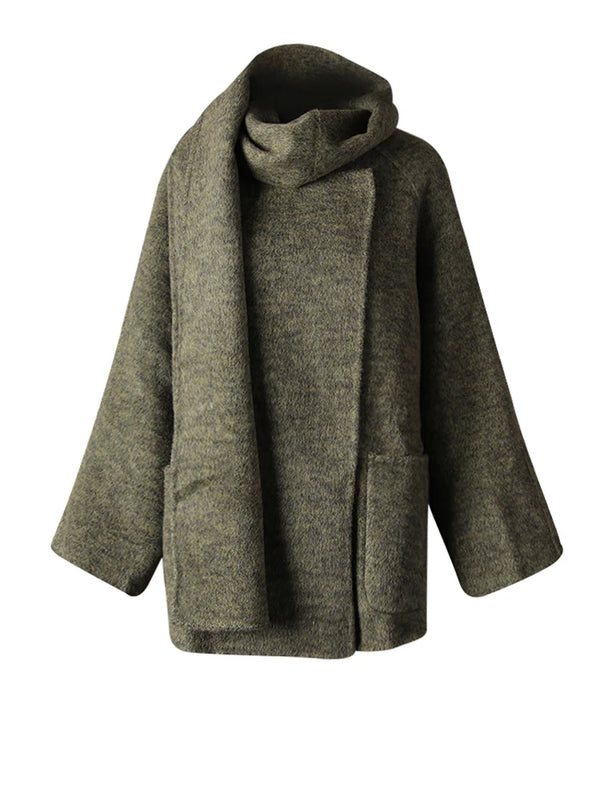 Oversized Woolen Jacket With Scarf in Green