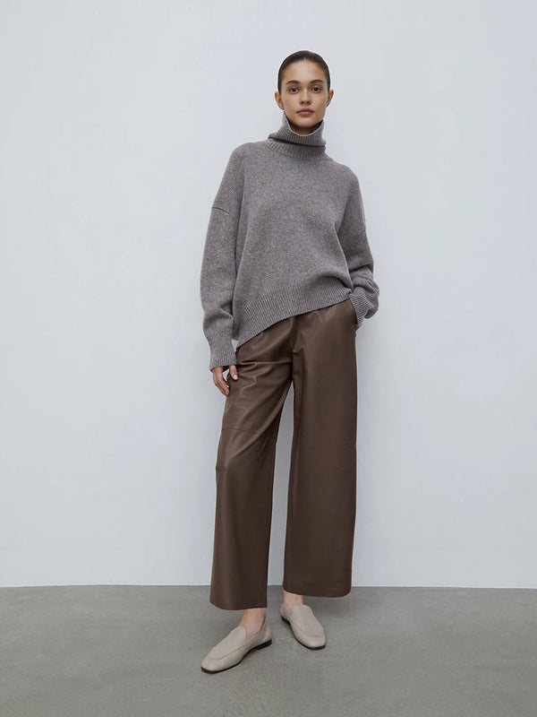 Elegant Leather Brown High Waist Long Wide Leg Pant