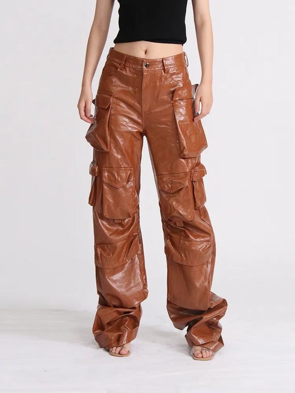 Patchwork Pockets Leather High Waist Loose Pant
