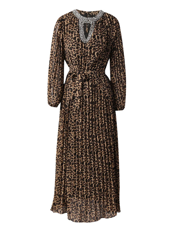 Rhinestones Round Neck Long Sleeve Midi Dress In Leopard Print