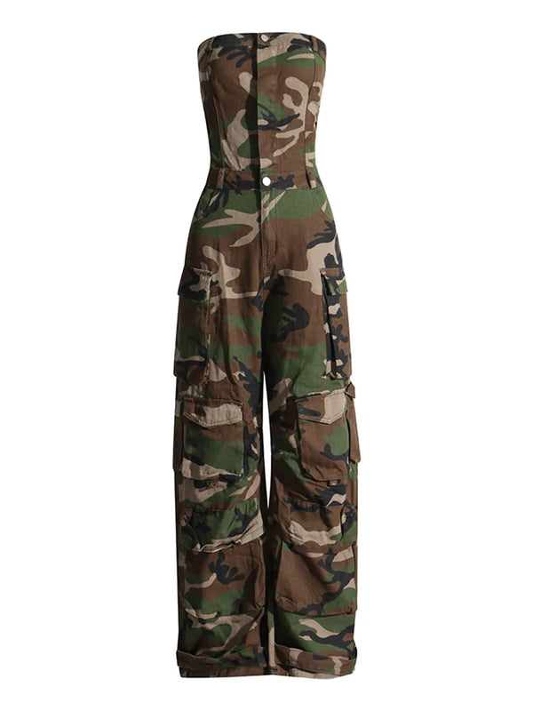 Strapless Wide Leg Jumpsuit with Patch Pockets in Camouflage Print