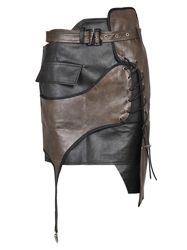 High Waist Belted Irregular Pu Leather Mini Skirt In Brown