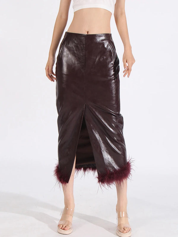 PU Leather High Waist Feathers Midi Skirt