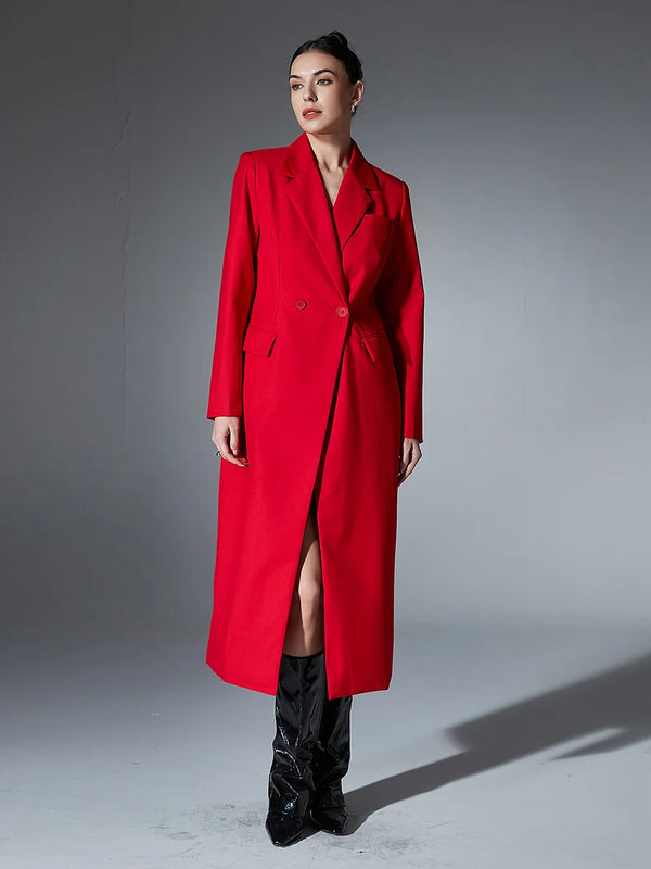 Notched Collar Long Sleeve Trench Coat In Red