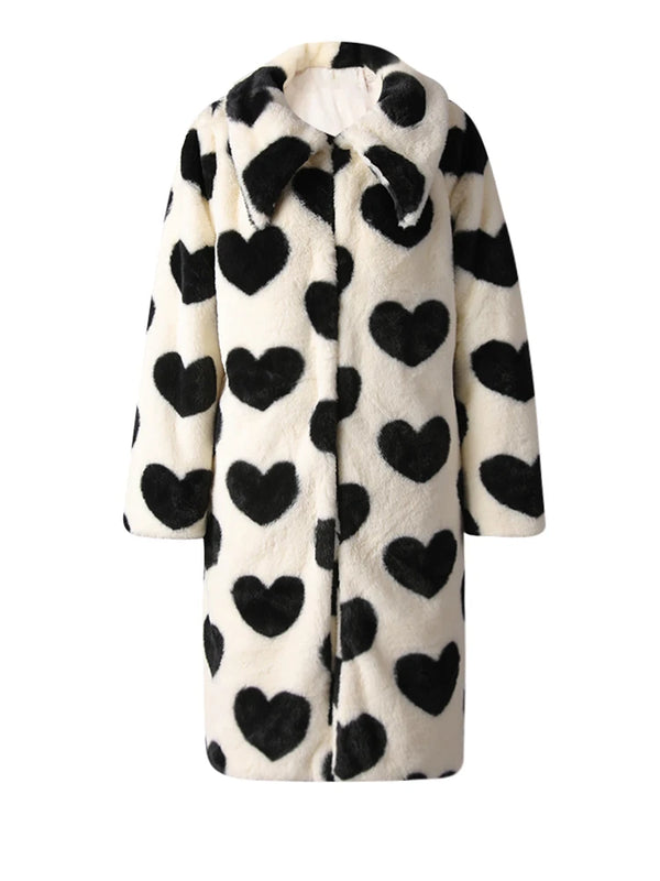 Faux Fur Oversized Coat in Black Heart Print