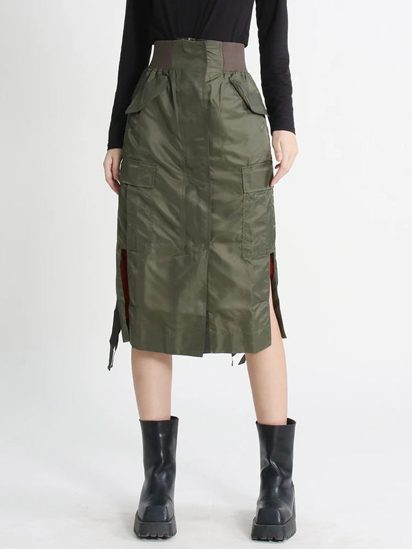 High Waist Straight Pockets Midi Skirt