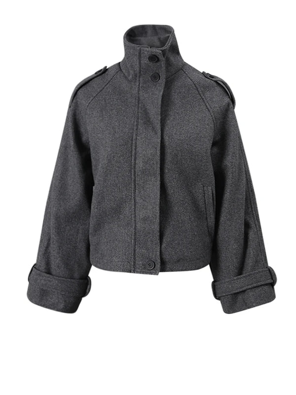 Oversized Funnel Neck Wool Bomber Jacket in Gray