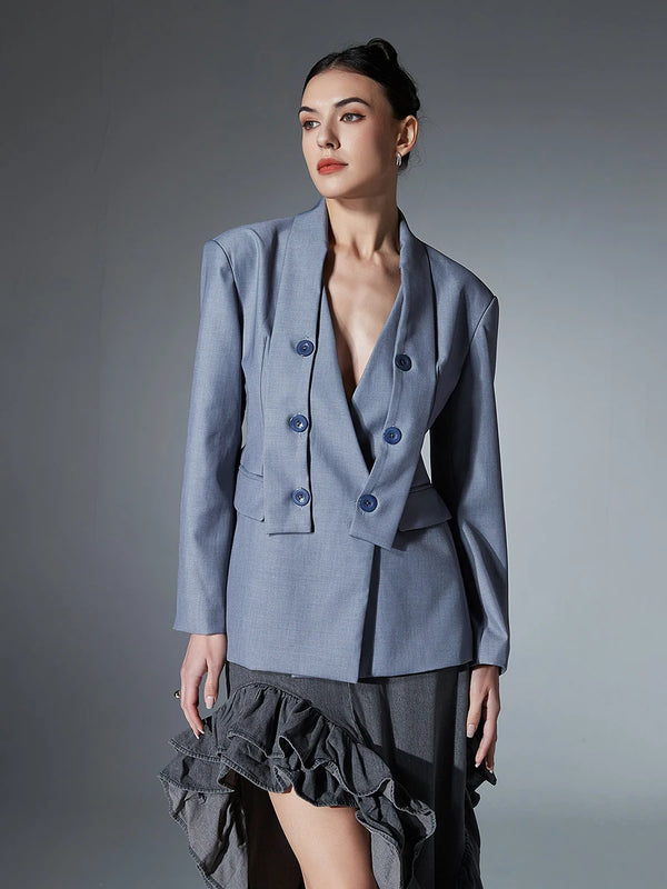 Notched Collar Long Sleeve Patchwork Button Blazer In Gray