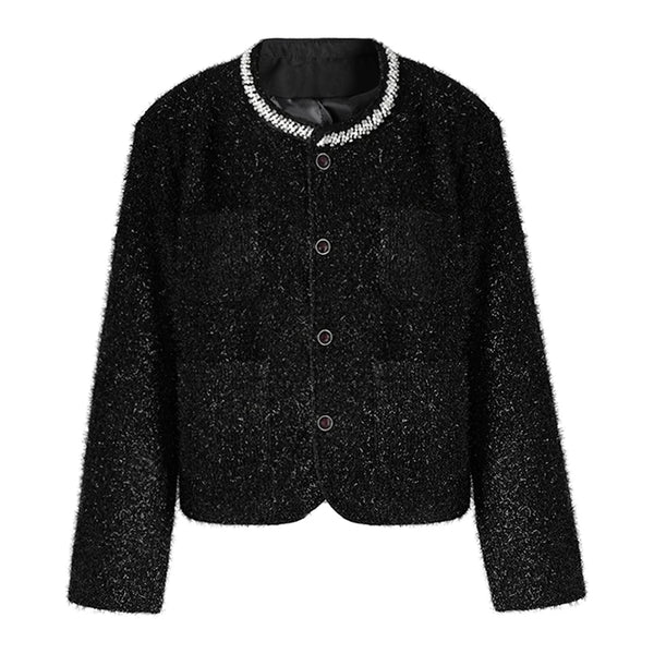 Thick Woolen O-neck Long Sleeve Cardigan In Black