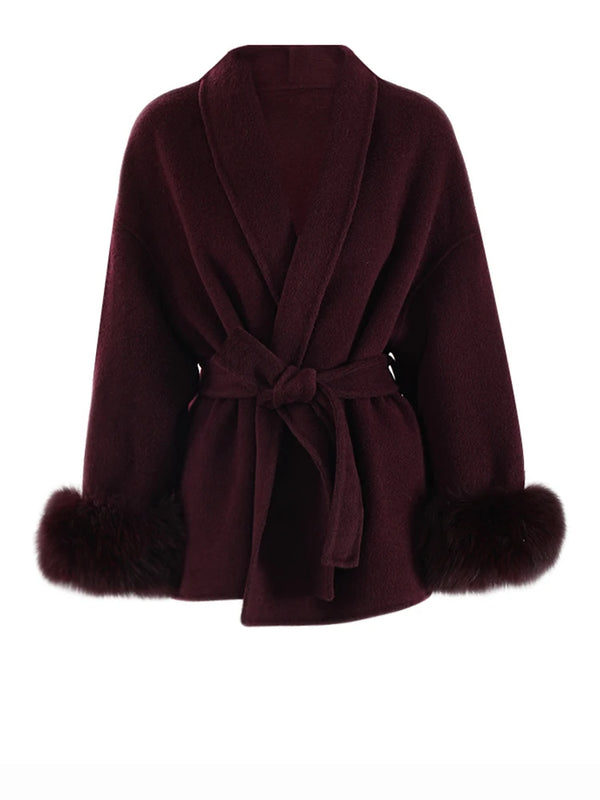 Fur Cuff Long Sleeve Belted Woolen Jacket