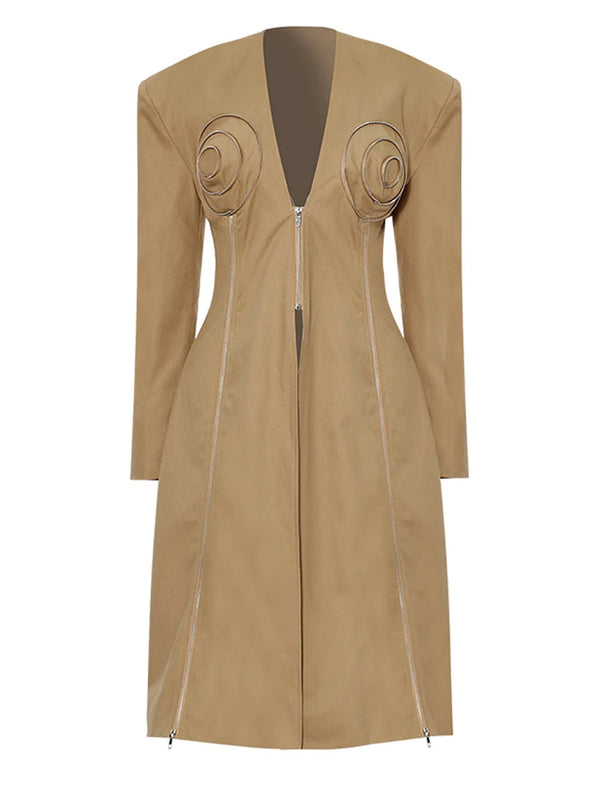 Zipper Slit Shaped V-neck Long Sleeve Coat In Khaki