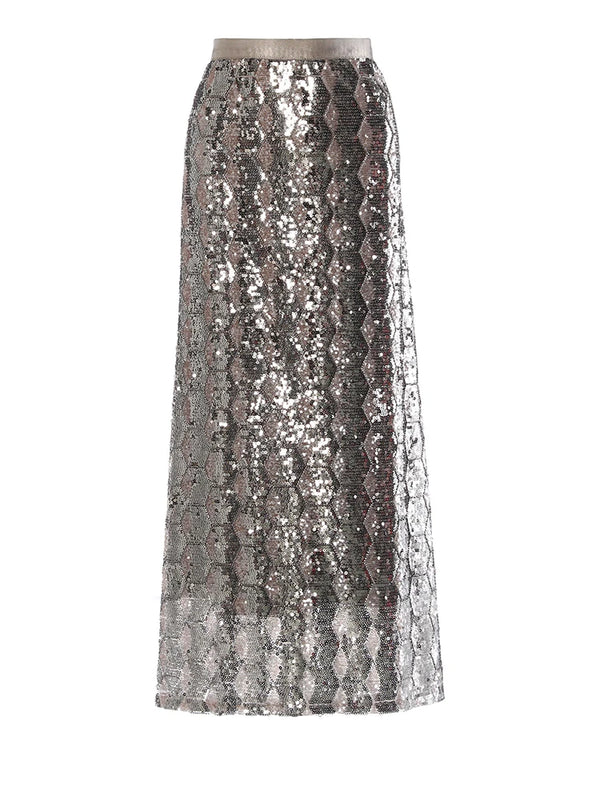 Embellished Sequin Midi Skirt in Gray